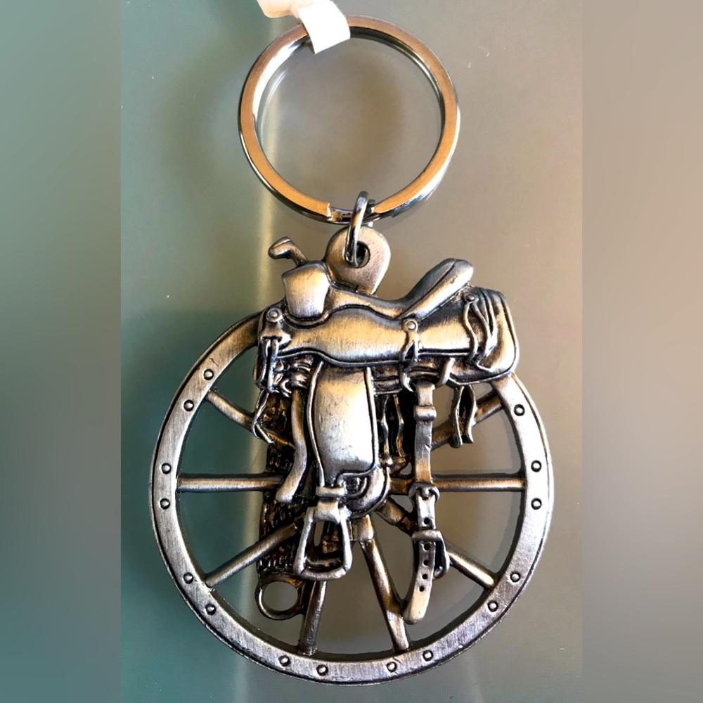 Western Wagon Wheel and Saddle Key Chain